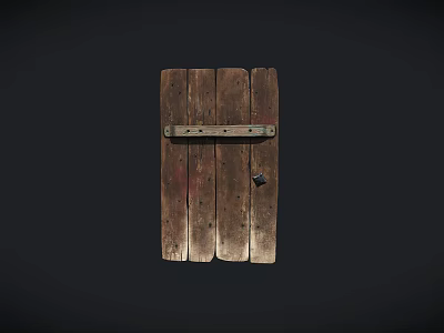 Old Wooden Door With Planks Metal Hinge And Red Stain On Black Background 3d model
