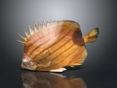 Yellow And Brown Striped Fish With Spiky Back Large Eyes Lying On Side With Reflection 3d model