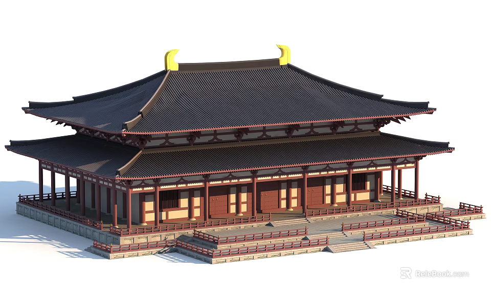 Ancient Chinese Architecture With Double Eaves Roof Golden Ornaments Wooden Structure Steps And Red Railings 3d model 