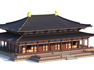 Ancient Chinese Architecture With Double Eaves Roof Golden Ornaments Wooden Structure Steps And Red Railings 3d model