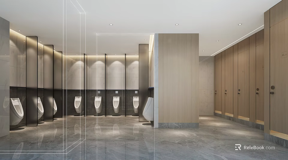 Modern Public Restroom Interior With Urinals Stalls Soft Lighting And Marble Flooring 3d model 
