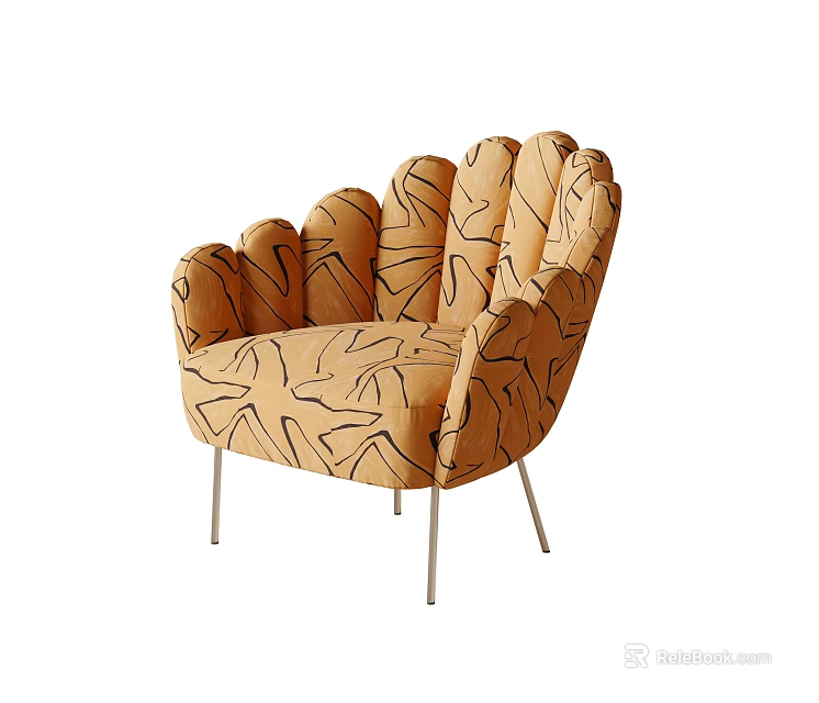 Tan Accent Chair With Abstract Black Patterns Scalloped Backrest Design And Silver Metal Legs 3d model 