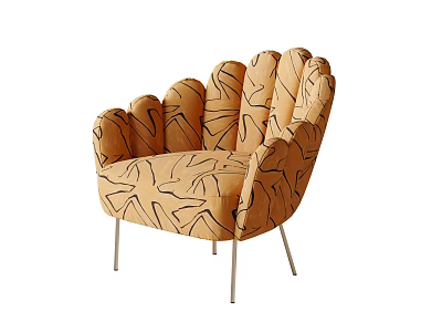Tan Accent Chair With Abstract Black Patterns Scalloped Backrest Design And Silver Metal Legs 3d model