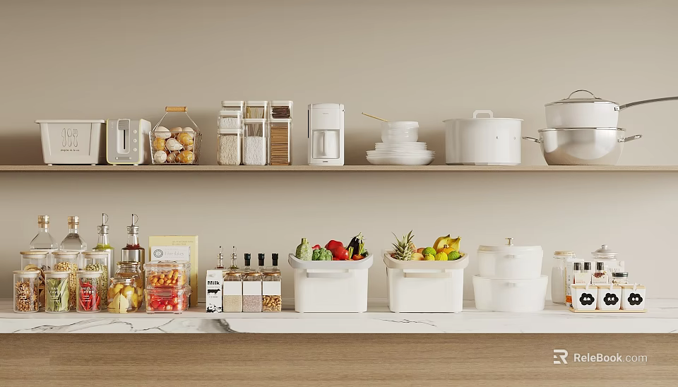 Neat Kitchen Shelves With Storage Containers Appliances And Food Items 3d model 