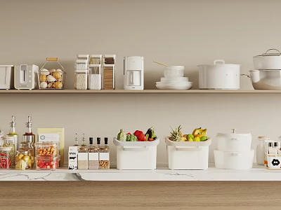 Neat Kitchen Shelves With Storage Containers Appliances And Food Items 3d model