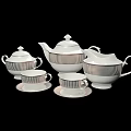 Elegant White Tea Set with Teapot Sugar Bowl Creamer Teacups and Saucers Featuring Gold Stripes