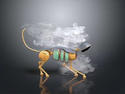 Mechanical Dog Figure with Golden Structure Green Panels and Smoke on Dark Background with Reflection 3d model