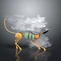 Mechanical Dog Figure with Golden Structure Green Panels and Smoke on Dark Background with Reflection