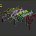 Colorful Futuristic Weapon Designs With Green Yellow Red Color Schemes And Intricate Structural Details