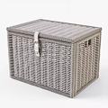 Brown Woven Rattan Storage Trunk With Leather Strap Closure For Home Organizing