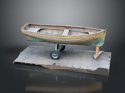 Weathered Wooden Boat Model Placed On Stone Slab Base With Wheels 3d model