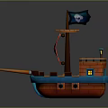 Cute Pirate Ship Model With Skull Flag Brown Blue Hull And Cabin Lanterns