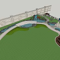 Garden Landscape Design With Winding Pathway Green Lawn Trees Water Features And White Wall