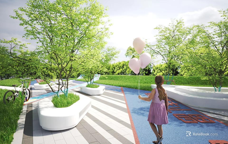 Scenic Park Landscape With Girl Holding Pink Balloons Green Trees White Seats And Colorful Paths 3d model 