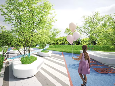 Scenic Park Landscape With Girl Holding Pink Balloons Green Trees White Seats And Colorful Paths 3d model