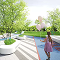 Scenic Park Landscape With Girl Holding Pink Balloons Green Trees White Seats And Colorful Paths