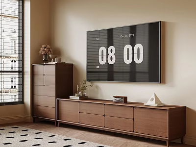 Wooden TV Stand with Wall Mounted TV Tall Cabinet Window Decorations and Rug 3d model