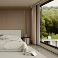 Modern Bedroom Interior with Wooden Walls White Bed Floor-to-Ceiling Windows Minimalist Nightstands Rug and Greenery
