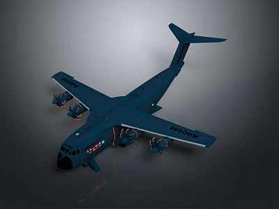 Blue Military Transport Aircraft 3D Model With Four Engines And Tail Fin Design 3d model