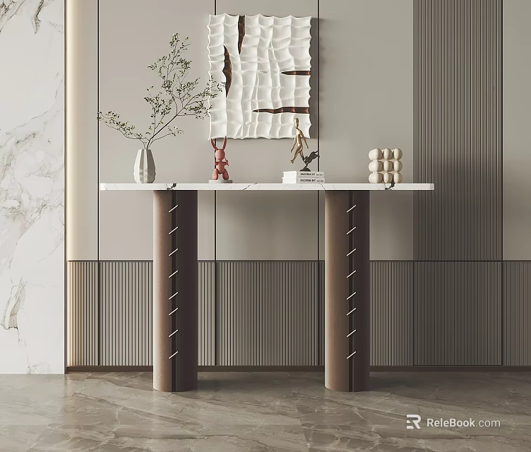 Modern Console Table With Marble Top Decorative Vase And Sculpture On Textured Wall 3d model
