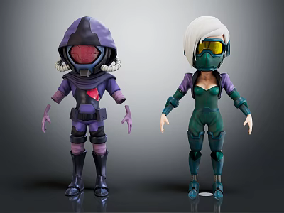 Two Stylish Character Designs With Purple Green Outfits Helmet And Protective Armor 3d model