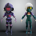 Two Stylish Character Designs With Purple Green Outfits Helmet And Protective Armor
