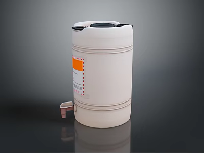 White Plastic Storage Drum With Black Lid Orange Label And Bottom Valve 3d model