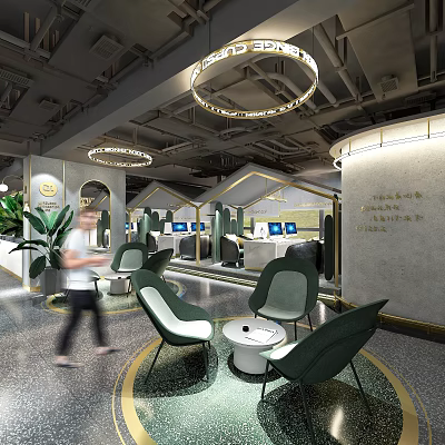 Elegant Modern Internet Cafe Interior With Comfortable Seating Computers And Stylish Lighting 3d model