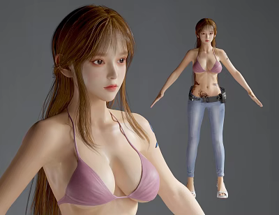 Woman in Purple Bikini Top and Blue Jeans with Long Hair Standing Pose 3d model