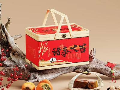 Festive Chinese New Year Food Gift Basket With Red Packaging Persimmon And Traditional Pastries 3d model