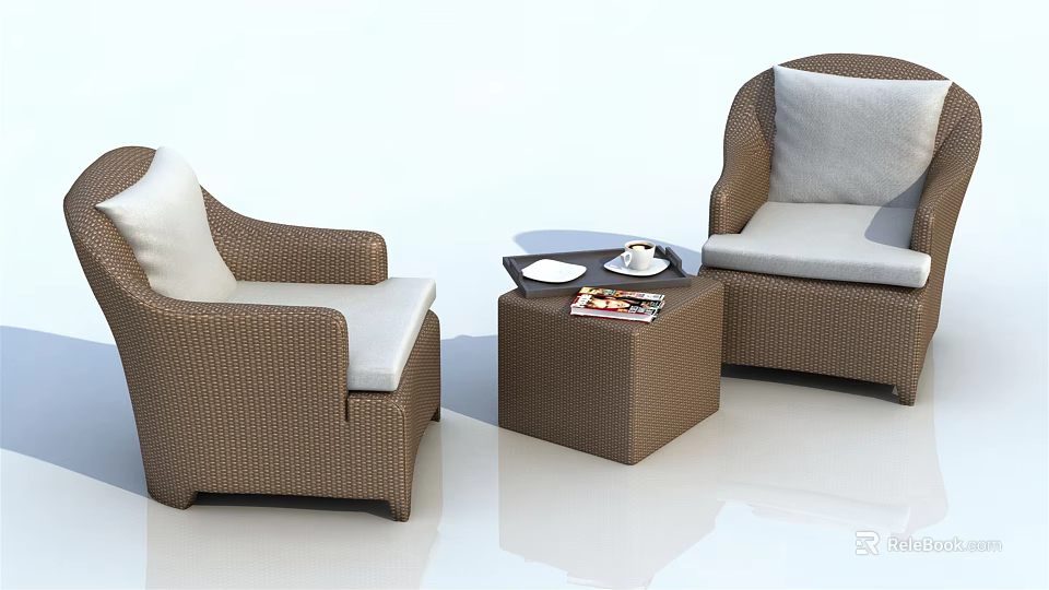Outdoor Wicker Sofa Set with Brown Frame White Cushions and Coffee Table 3d model