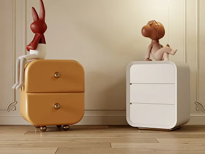 Yellow And White Bedside Tables With Drawer Design And Decorative Dolls On Wooden Floor 3d model