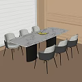 Modern Table and Chair Set with Marble Top Cylindrical Metal Base and Six Gray Chairs