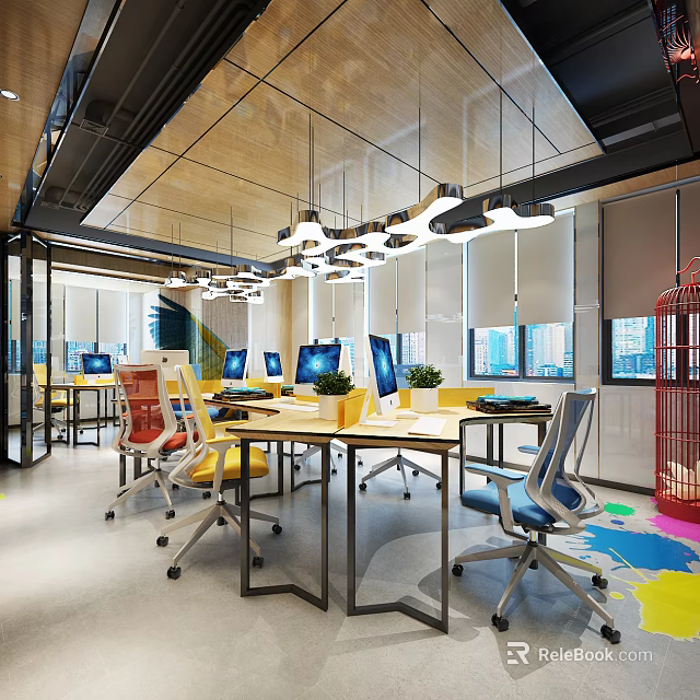Modern Open Public Office Space With Multiple Computers Colorful Chairs Pendant Lights And Green Plants 3d model 
