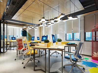 Modern Open Public Office Space With Multiple Computers Colorful Chairs Pendant Lights And Green Plants 3d model