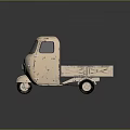 Vintage Three Wheeled Motorcycle With Rustic Light Colored Body And Flatbed Cargo Bed