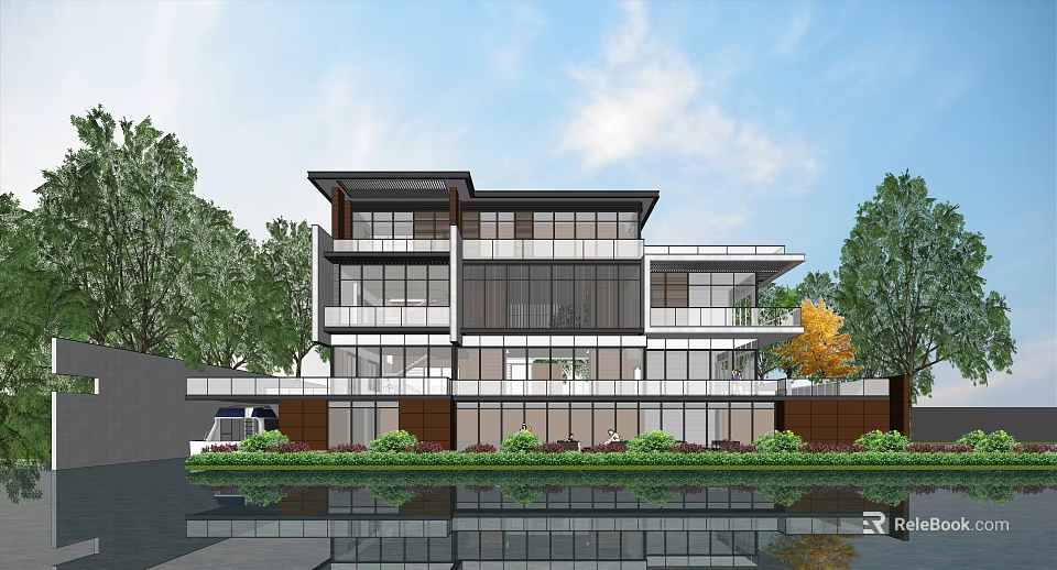 Modern Detached Villa With Large Glass Windows Surrounded By Lush Green Trees And Water Reflection 3d model 