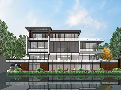 Modern Detached Villa With Large Glass Windows Surrounded By Lush Green Trees And Water Reflection 3d model