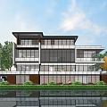 Modern Detached Villa With Large Glass Windows Surrounded By Lush Green Trees And Water Reflection