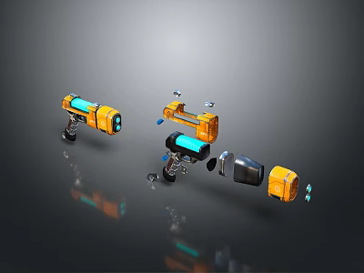 Modern Yellow And Blue Weapons In Different Styles With Metallic Finish And Reflective Surfaces 3d model