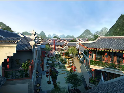 Ancient Chinese Architecture Courtyard Showcasing Classic Roofs Carved Beams Red Lanterns And Mountain View 3d model