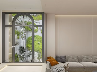 Arched Glass Window In Modern Interior With Garden View And Sofa 3d model