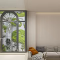 Arched Glass Window In Modern Interior With Garden View And Sofa