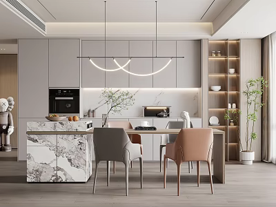 Modern Restaurant Interior With Marble Island Gray Pink Chairs And Hanging Lights 3d model