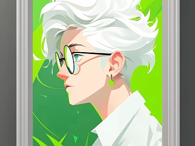 Stylish Portrait Illustration With White Curly Hair Green Earrings Glasses White Shirt Green Background 3d model