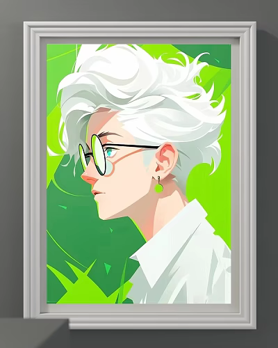 Stylish Portrait Illustration With White Curly Hair Green Earrings Glasses White Shirt Green Background 3d model