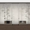 Traditional Room Divider Screen With Bamboo Pattern On Frosted Glass Panels