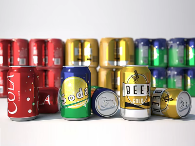 Assorted Beverage Cans Featuring Cola Soda Beer In Colorful Stacked Rows 3d model