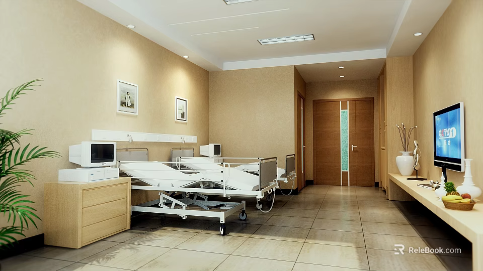 Hospital Ward Interior With Medical Beds Bedside Cabinets Wall Paintings And Tiled Floor 3d model 
