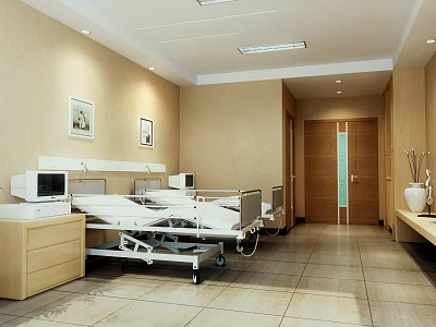 Hospital Ward Interior With Medical Beds Bedside Cabinets Wall Paintings And Tiled Floor 3d model